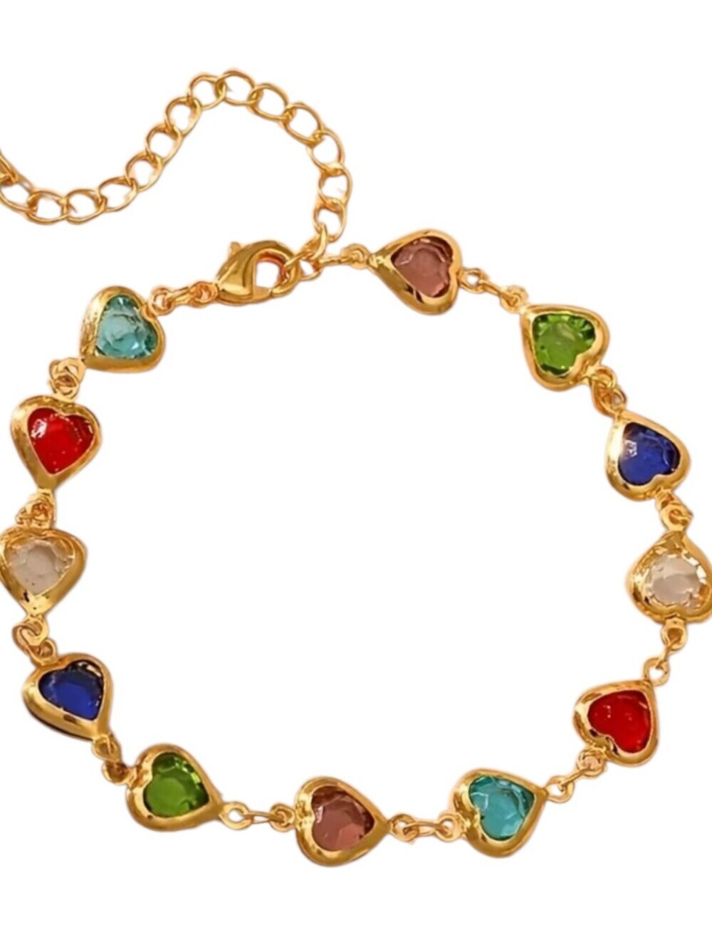 Multi-Colored Gemstone Heart Gold Adjustable Bracelet